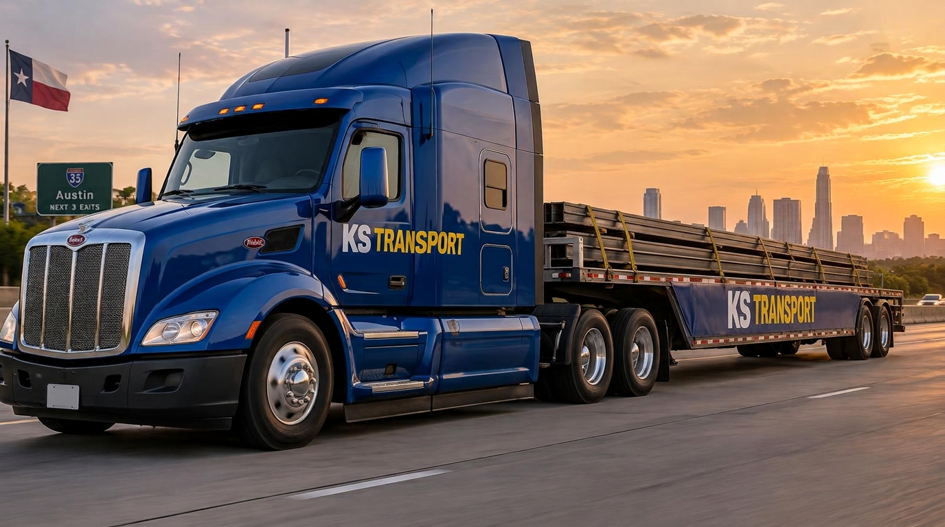 KS Transport flatbed truck on a Texas highway