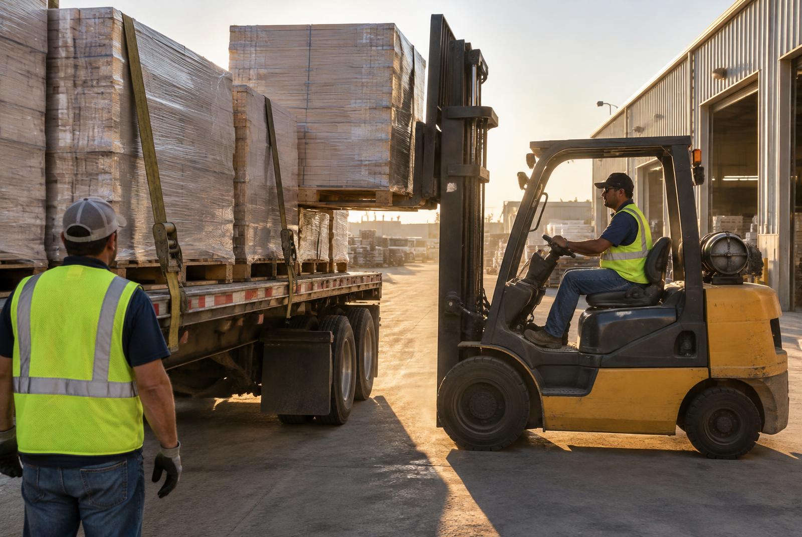 Forklift loading palletized freight onto a flatbed at a warehouse dock