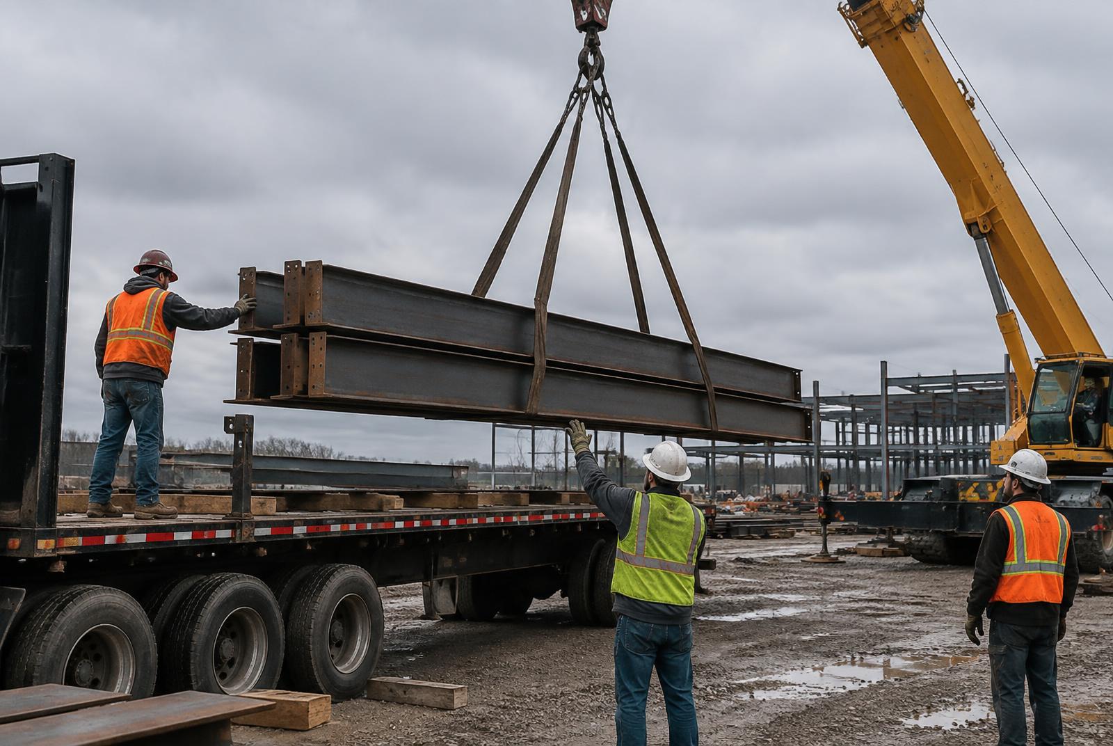 Crane unloading steel beams from a flatbed at a construction site